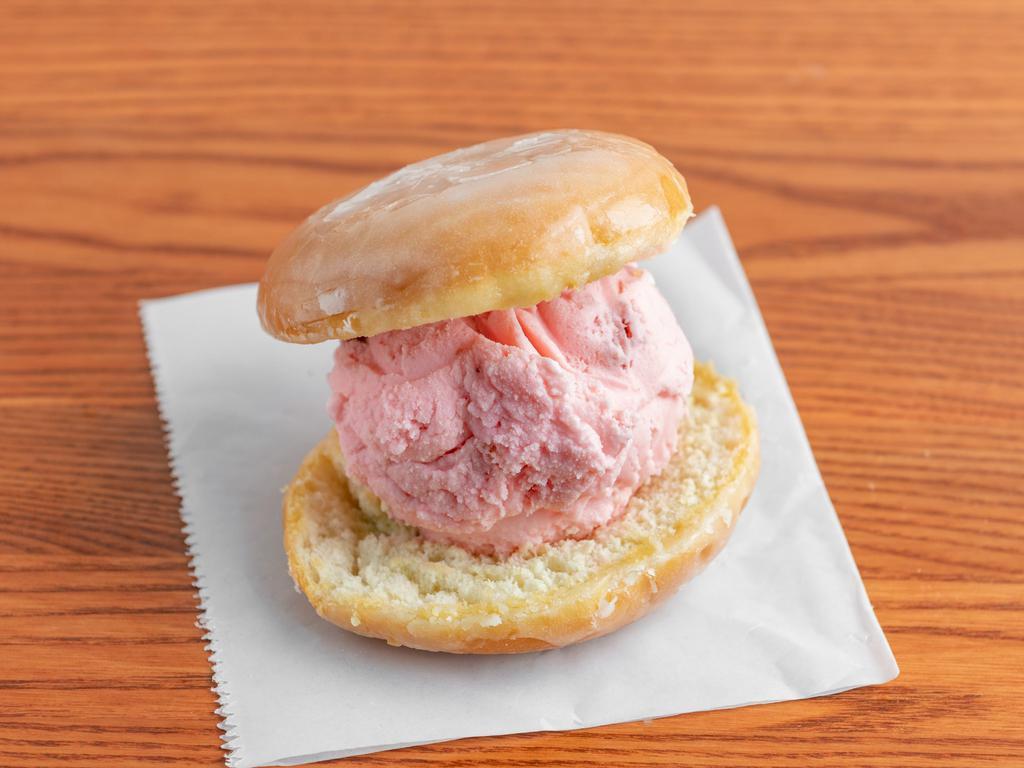 Donut Ice Cream Sandwich · Donut + Choose 1 ice cream flavor + toppings are extra $0.75