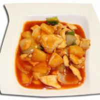 Bangkok Sweet and Sour · Stir fried choice of meat with sweet and sour sauce, onions, pineapple and bell peppers. Ser...