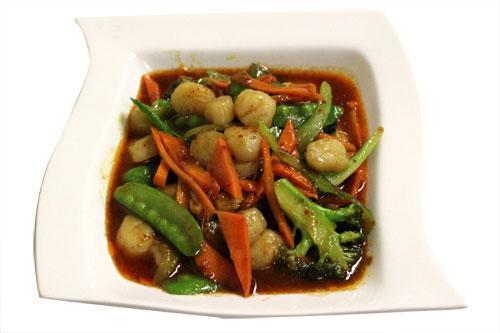 Spicy Scallop with Mixed Vegetables · Stir fried scallop with assorted vegetables in smoked chili sauce. Served with choice of rice.