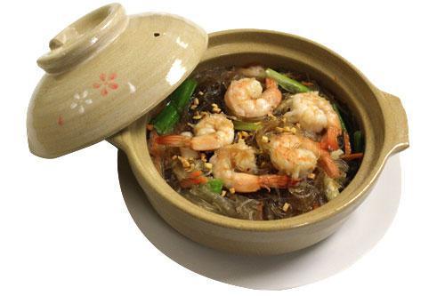 Shrimp Pot · Jumbo shrimp mixed with fresh ginger, green onions, white pepper and silver noodles in house special sauce and then steamed in a clay pot. Served with choice of rice.