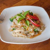 Drunken Noodles (Phad Kee Mao) · Stir fried rice noodles with broccoli, carrots, Thai basil and very spicy chili sauce. Serve...