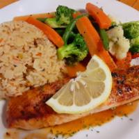 Pan-Roasted Atlantic Salmon · Served with rice and house vegetables.