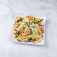 Nachos with Choice of Meat · Tortilla chips, come with refried beans, lettuce, tomatoes, sour cream, slices of avocado, j...