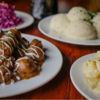 Viking Feast · 24 meatballs of your choice with mashed potatoes or egg noodles, 3 large sides. Feeds 4-6