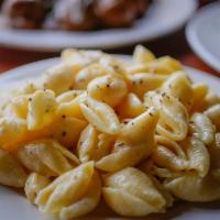 Shells and Cheese · Warm pasta shells in a creamy white cheddar cheese sauce.