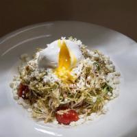 Frisee Salad · Frisee, bacon, tomato, goat cheese, poached egg, dressed with mustard honey sauce.