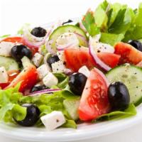 Greek Salad · Romaine lettuce, feta cheese, tomato, sweet, pepper, cucumber, onion, kalamata olives and pe...