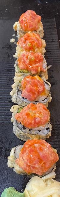Franklin Square Roll · Fried Kani, Avocado and Shrimp, Topped With Spicy Tuna and Sweet Thai Chili Sauce