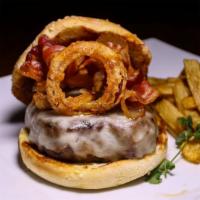 BBQ Bourbon Burger · Short rib and sirloin beef blend, provolone, bacon, crispy shallots topped with crispy onion...