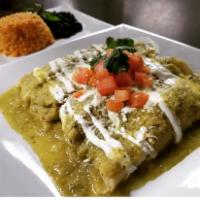 Enchiladas Con Salsa Verde · A traditional Mexican dish, 3 corn tortillas rolled around choice of chicken, vegetables, st...