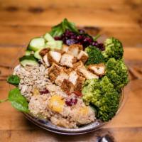 Medley Salad · Chicken, Asian quinoa, cucumbers, dried cranberries, sunflower seeds, broccoli, and house gr...