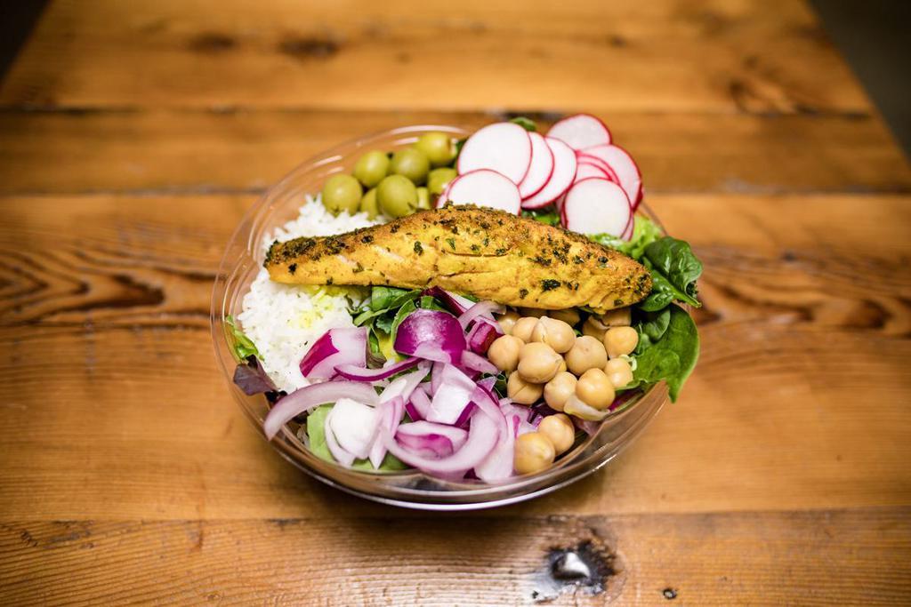 Queen Cobb Salad · Salmon, organic brown rice, chickpeas, beets, radish, red onion, and house greens.
