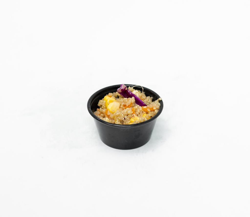 Asian Quinoa Salad · An all organic medley of quinoa, carrot, cabbage, green onion, corn, sesame oil, ginger, and coconut amino.
