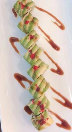 Dragon Roll · Eel cucumber wrapped with avocado and tobiko.