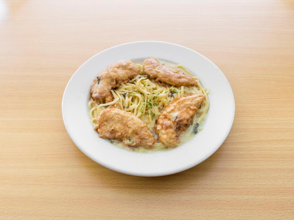 Chicken Francese · Dipped in egg, sauteed with white wine and lemon juice.