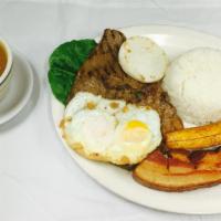 #4 Bandeja Montanera · Rice, beans, steak, fried pork skin, egg, corn cake and sweet plantain. 