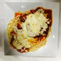 pasta parmigiana · marinara sauce with melted mozzarella cheese. Served with your choice of  pasta and protein ...