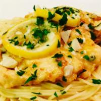 pasta in  Francaise sauce · fresh lemon and white wine sauce served with your choice of pasta, choice of protein, and a ...
