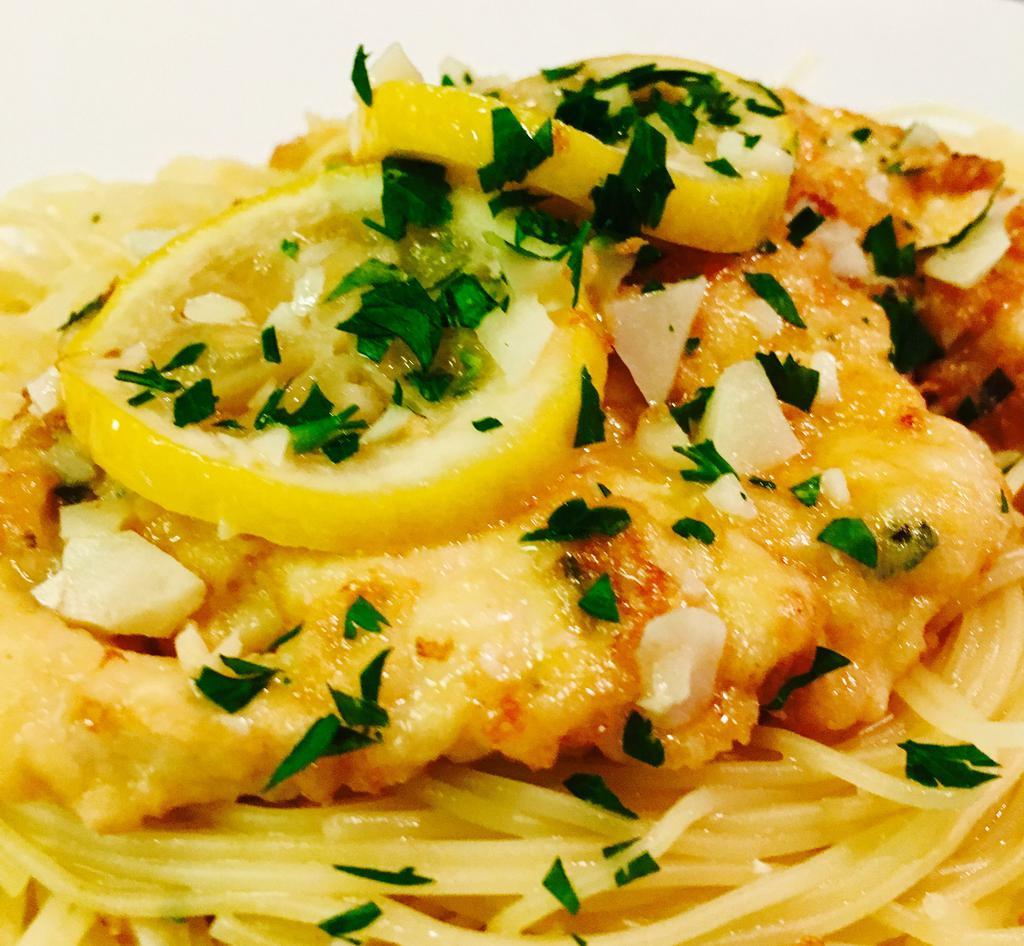 pasta in  Francaise sauce · fresh lemon and white wine sauce served with your choice of pasta, choice of protein, and a side of bread