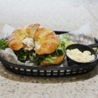 Chicken Salad on Croissant · Croissant with all white meat chicken salad, lettuce and tomato. Includes a side.