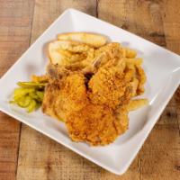 2 Pork Chop Basket · Includes fries, pickles, peppers and bread.