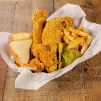Fish and Shrimp Basket · Includes fries, pickles, peppers and bread.