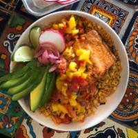 Salmon plate with mango salsa and corn rice  · 
