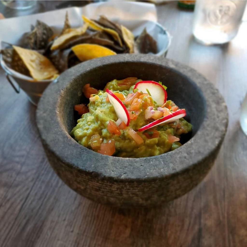 Guacamole with Chips* · Hass avocado, tomato, Serrano peppers, garlic, lime, cilantro.