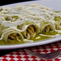 Enchiladas Verdes · 3 soft corn tortillas rolled and filled with choice of protein and cheese. Topped with green...