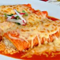 Enchiladas Suizas Rojas · 3 soft corn tortillas rolled and filled with choice of protein and cheese. Topped with hot m...