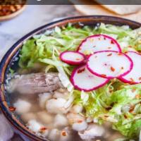 Pozole with Chicken · Chicken broth with hominy corn, fresh onion, cilantro with choice of salsa.