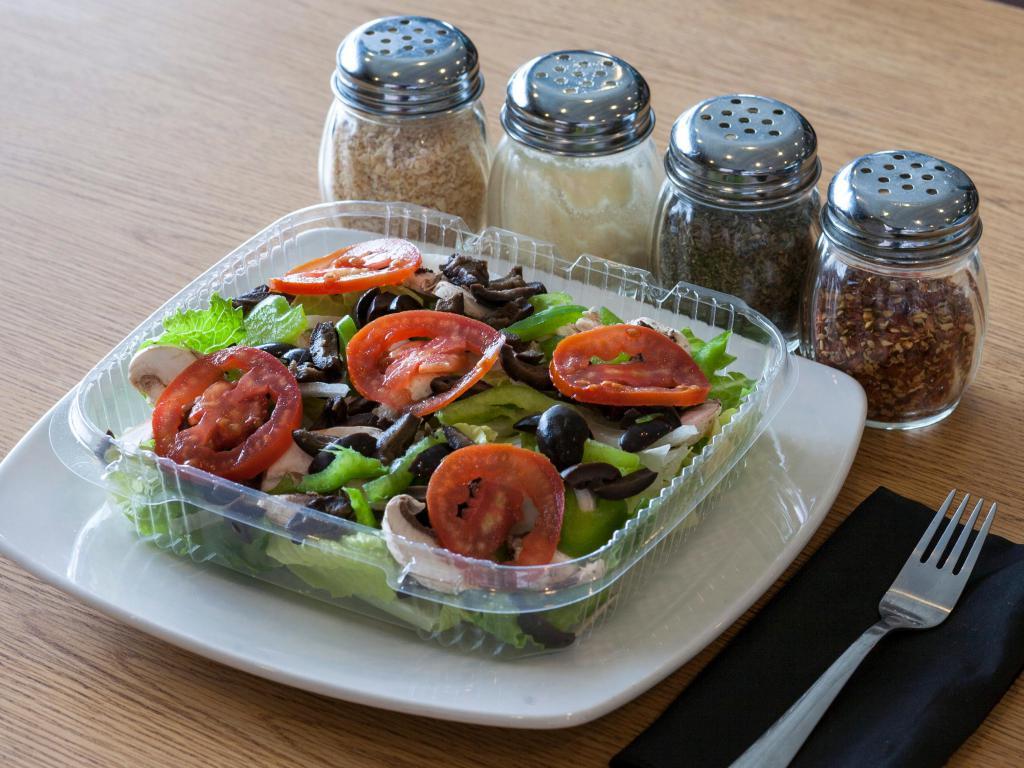 House Salad · Romaine lettuce, mushrooms, onions, tomatoes, green peppers and black olives with your choice dressing. 