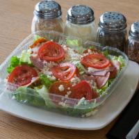 Chef Salad · Romaine lettuce, Canadian bacon, pepperoni, onions, tomatoes, mozzarella and your choice of ...
