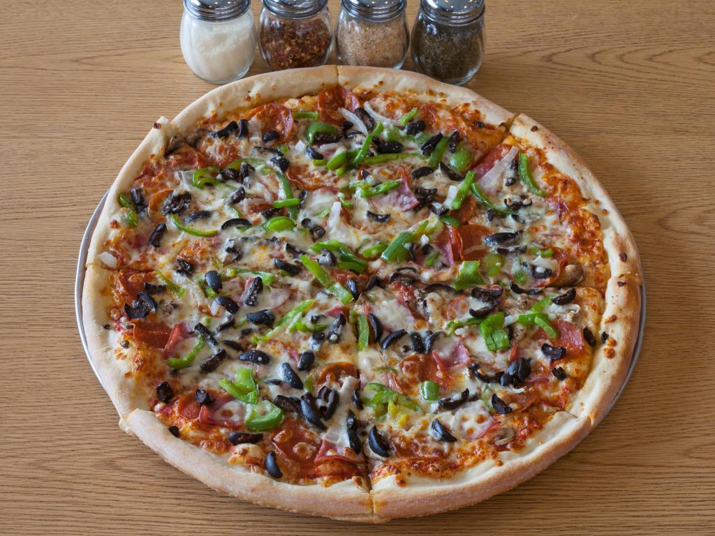Super Combo Pizza · Pepperoni, Canadian bacon, black olives, green peppers, onions, mushrooms and extra cheese. 