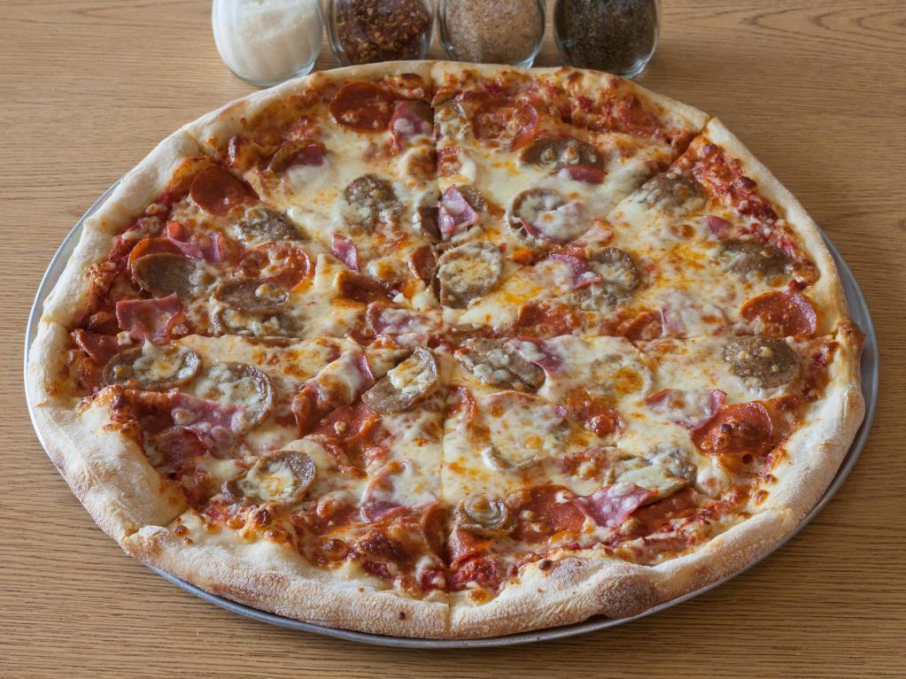 Meat Lovers Pizza · Pepperoni, Canadian bacon, bacon (Temporary Unavailable), sausage and extra cheese. 