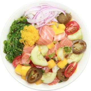 S7. Salmon Breeze Signature Poke Bowl · Salmon, cucumber, fresh jalapeno, cherry tomato, pineapple, cilantro, citrus ponzu sauce, lemon dill aioli, seaweed salad, masago, and radish sprouts.