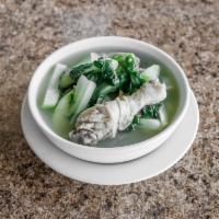 Tinolang Manok · Chicken, chayote, and bok choy simmered in a savory ginger soup.  Serves two to three.