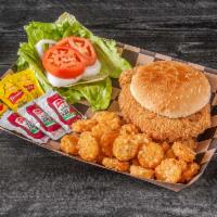 Suburban Tenderloin · Hand breaded pork tenderloin with lettuce, onion, tomato ketchup and mustard served with a s...