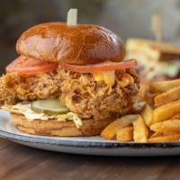 Fried Chicken Sandwich · house Dill pickles, Calabrian chile, crunchy coleslaw, fries