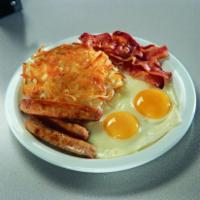 Rosie's Special Breakfast · 2 eggs, 3 strips of bacon, 3 grilled link sausages served with hash browns.