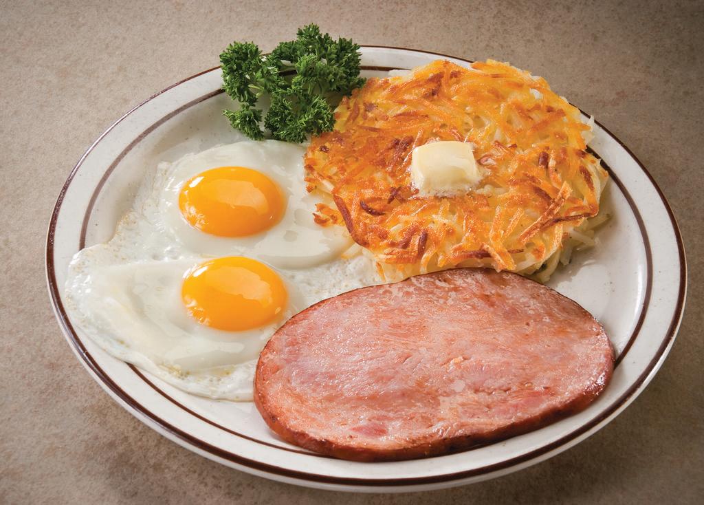 Ham and Eggs · Your choice of savory ham slice and 4 strips of bacon.