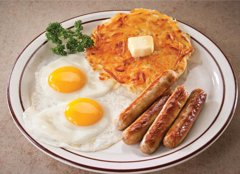 Sausage and Eggs · Link or patty sausage and 2 eggs.