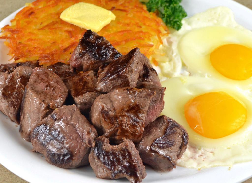 Sirloin Tips and Eggs · Sirloin tips grilled to order and served with 2 eggs.
