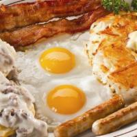 Southern Platter · 2 eggs cooked to order, golden hash browns, 2 sausage links and 2 strips of bacon and served...