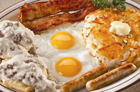 Southern Platter · 2 eggs cooked to order, golden hash browns, 2 sausage links and 2 strips of bacon and served with a baking powder biscuit smothered with country sausage gravy.