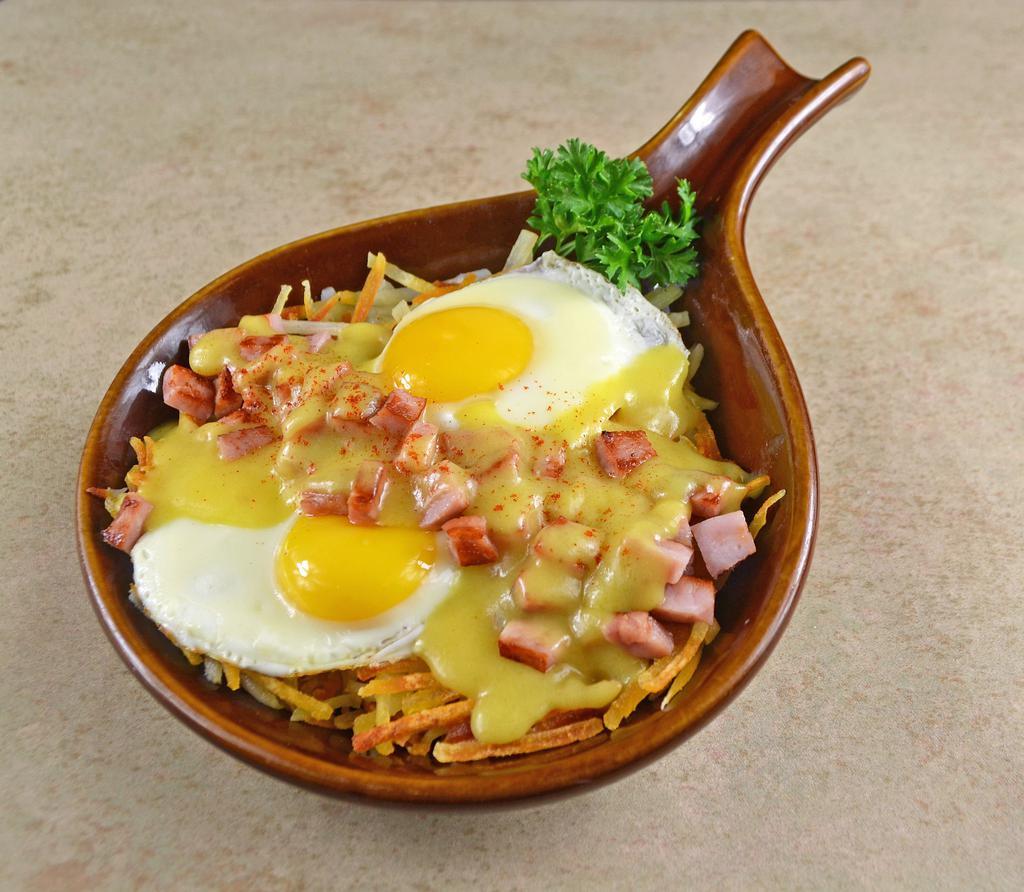 Benedict Skillet · Hash browns topped with 2 eggs and diced, grilled Canadian bacon, topped with our own hollandaise sauce.