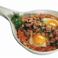Country Sausage Skillet · Hash browns topped with 2 eggs and a mix of sausage, onion and green pepper.