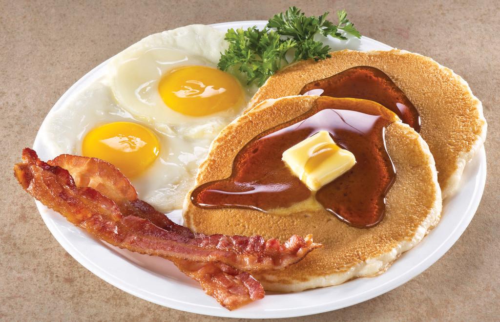 Fryn' Pan Breakfast · 2 hotcakes, 2 eggs, and 2 strips of bacon and served with warm syrup.