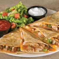 Chicken Quesadilla · A warm flour tortilla stuffed with grilled chicken, green peppers, onions and melted cheddar...