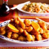 Orange Chicken · Served with white rice. Hot and spicy. 
